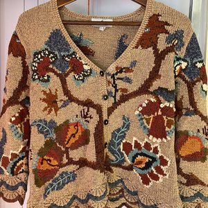 Vintage Peruvian Connection Botanical Print Cardigan Pima Cotton Sweater Medium